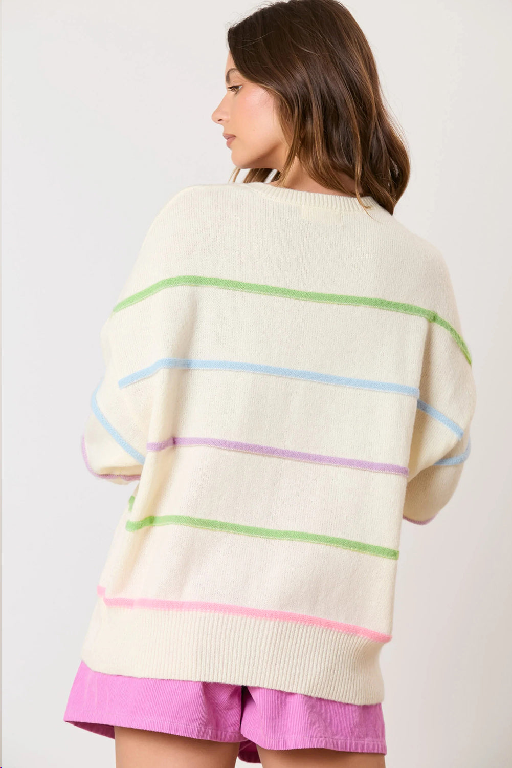 Pastel Striped Henley Sweater Drop Shoulder Knit Jumper Sweaters | Chuzko.com