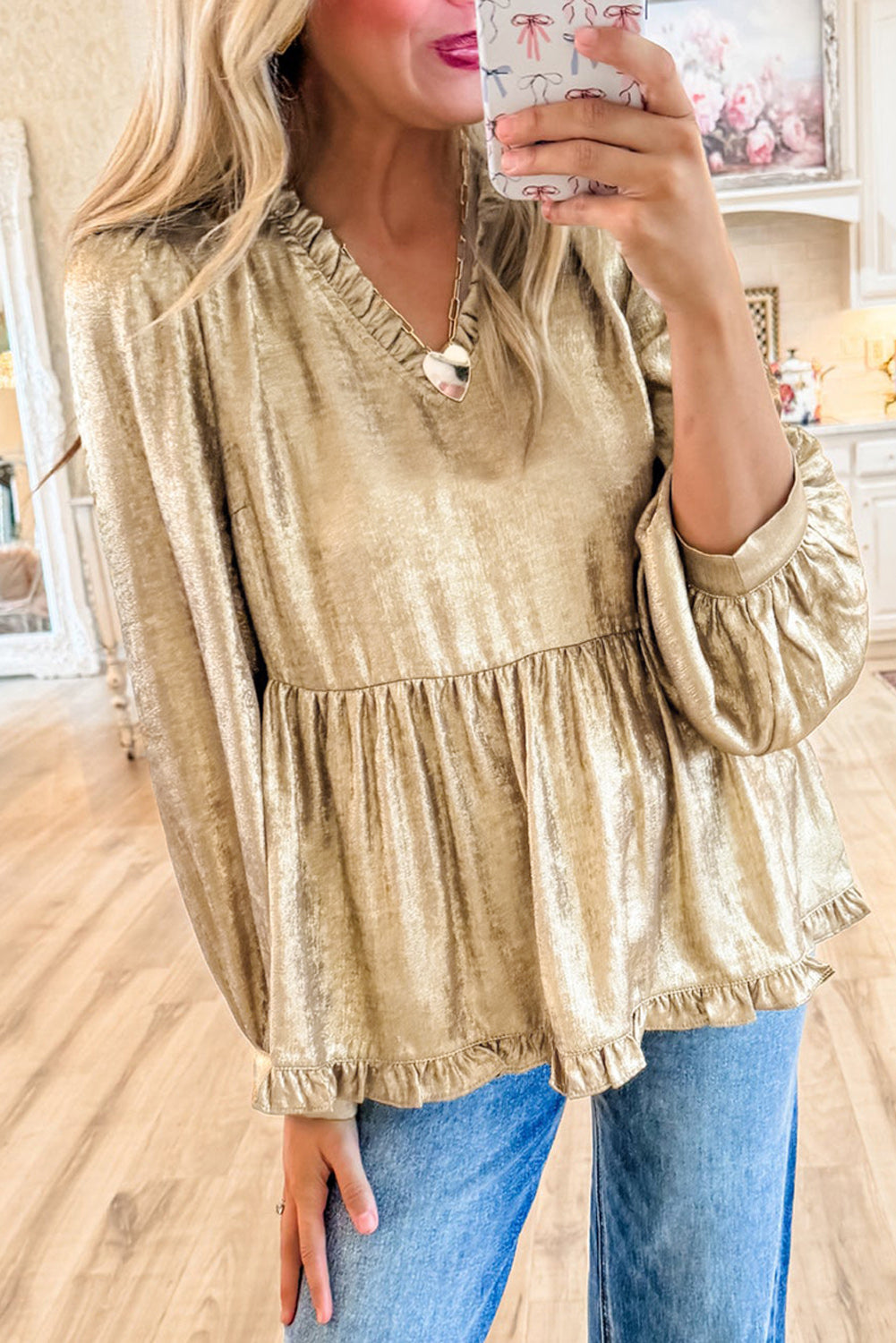 Metallic Frilled V-Neck Blouse: Shine with Style	