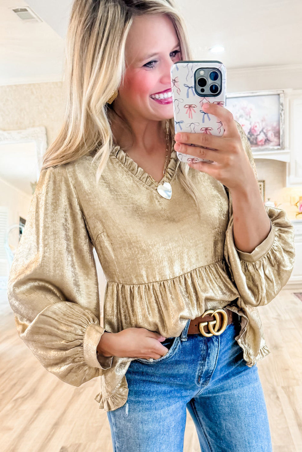 Metallic Frilled V-Neck Blouse Sparkle Top Blouses & Shirts | Chuzko.com