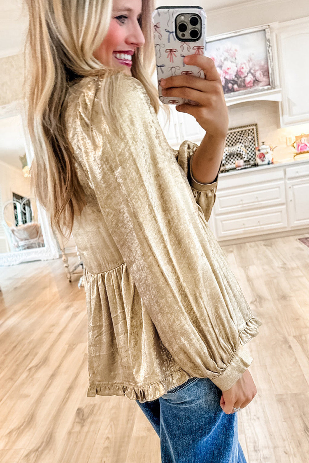 Metallic Frilled V-Neck Blouse Sparkle Top Blouses & Shirts | Chuzko.com