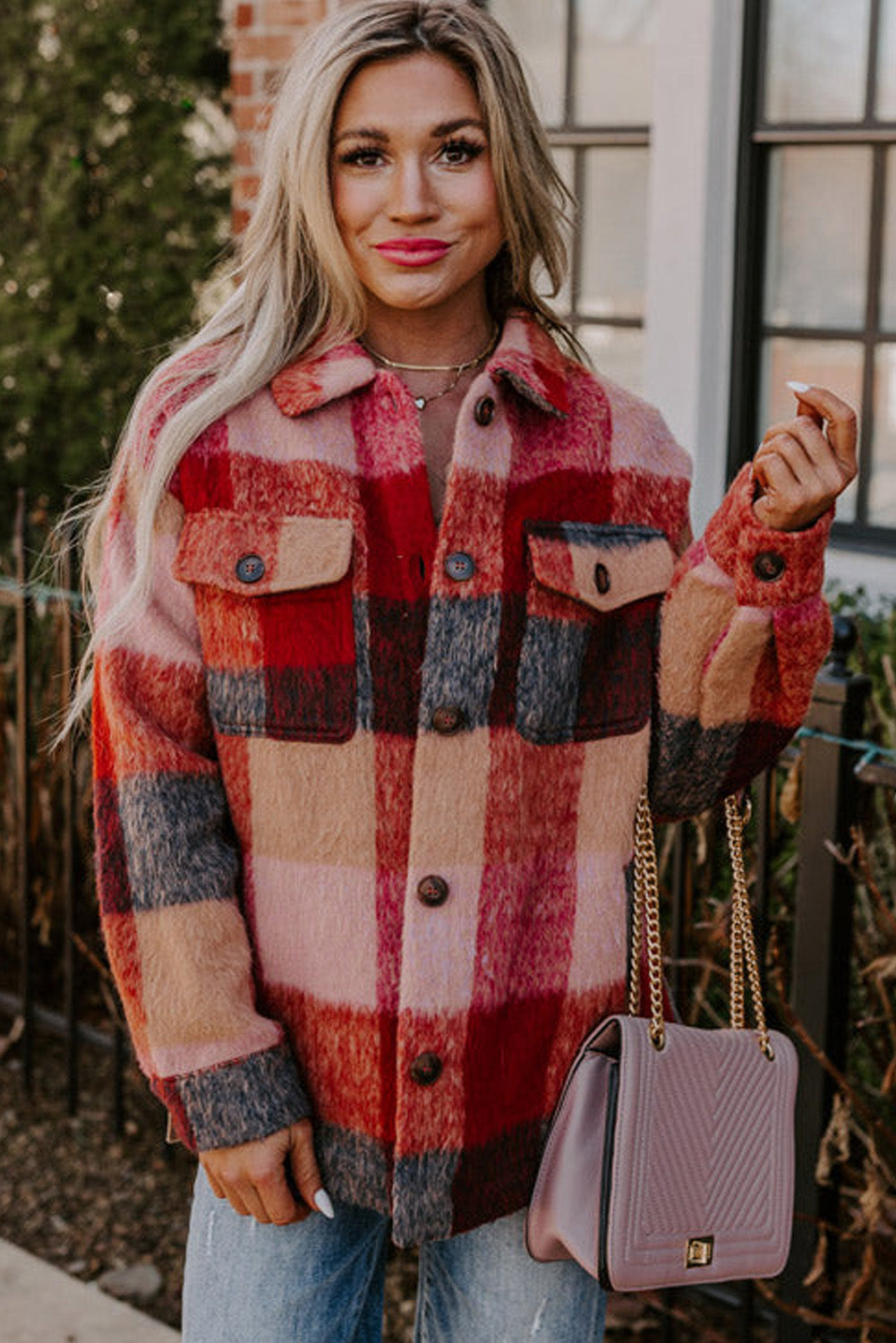 Oversized Plaid Flap Pocket Jacket - Plus Sizes Layering Plus | Chuzko.com