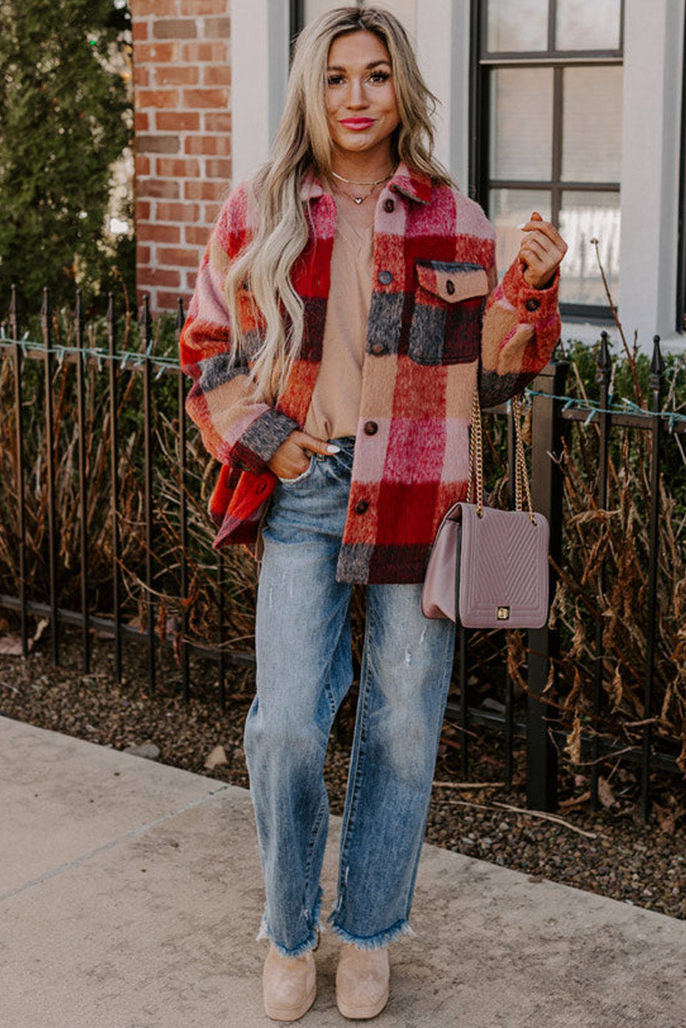 Oversized Plaid Flap Pocket Jacket - Plus Sizes Layering Plus | Chuzko.com