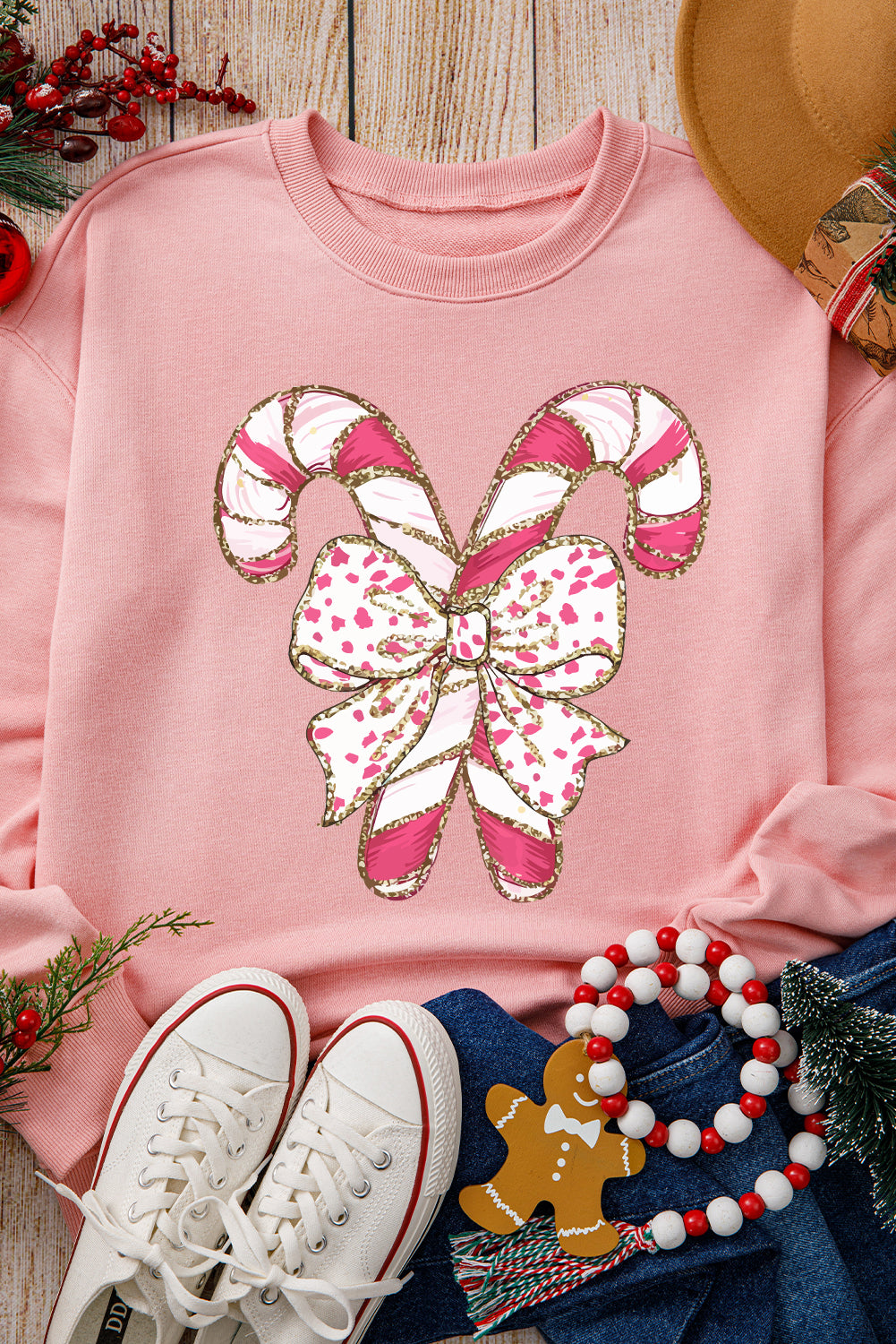 Festive Candy Cane Bow Christmas Sweater Graphic Sweatshirts | Chuzko.com