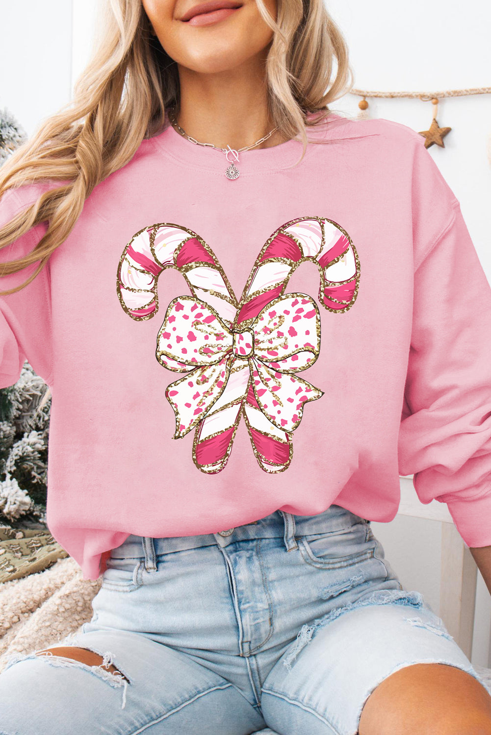 Festive Candy Cane Bow Christmas Sweater Graphic Sweatshirts | Chuzko.com