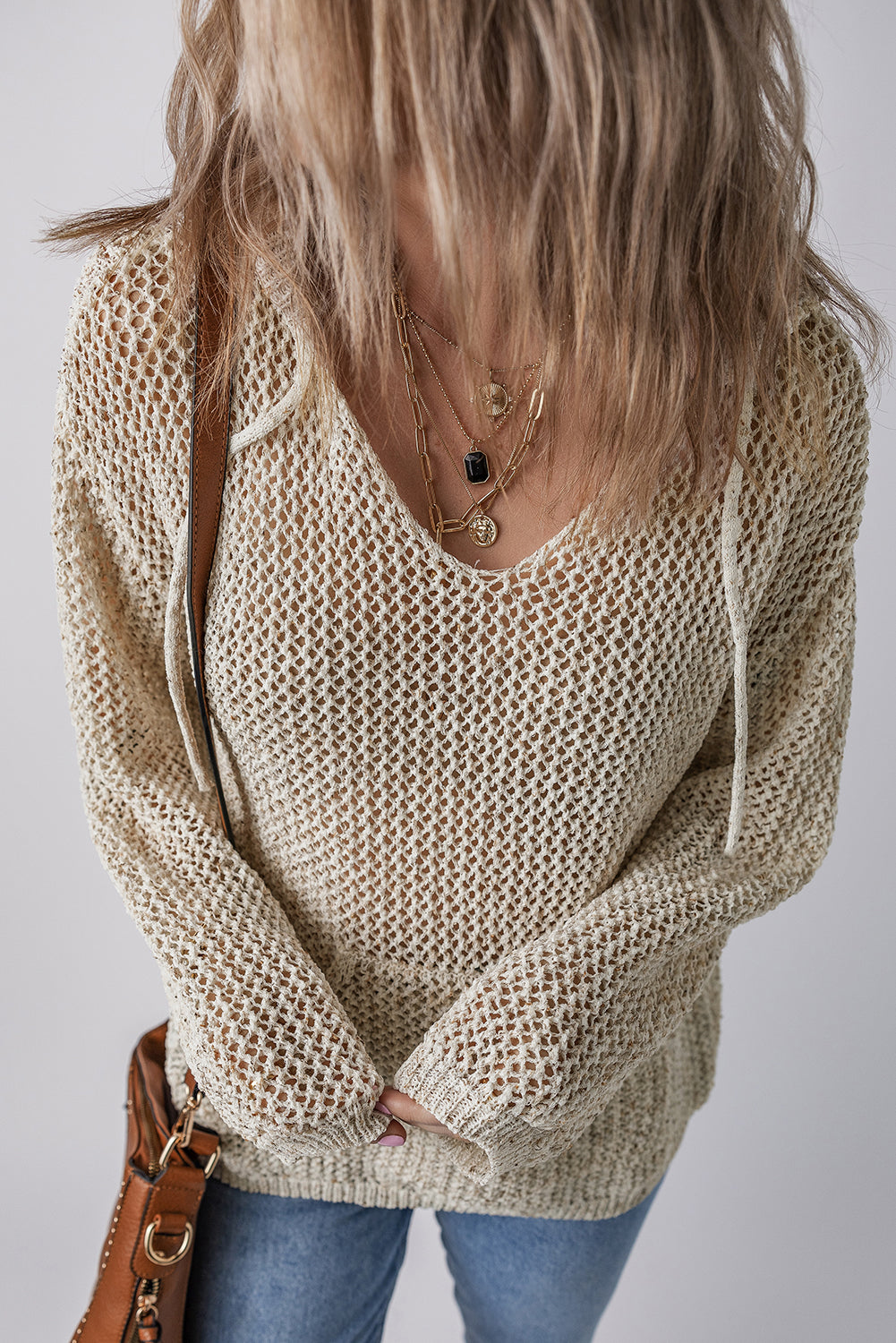 Open-Knit Hooded Sweater with Kangaroo Pocket Sweaters | Chuzko.com