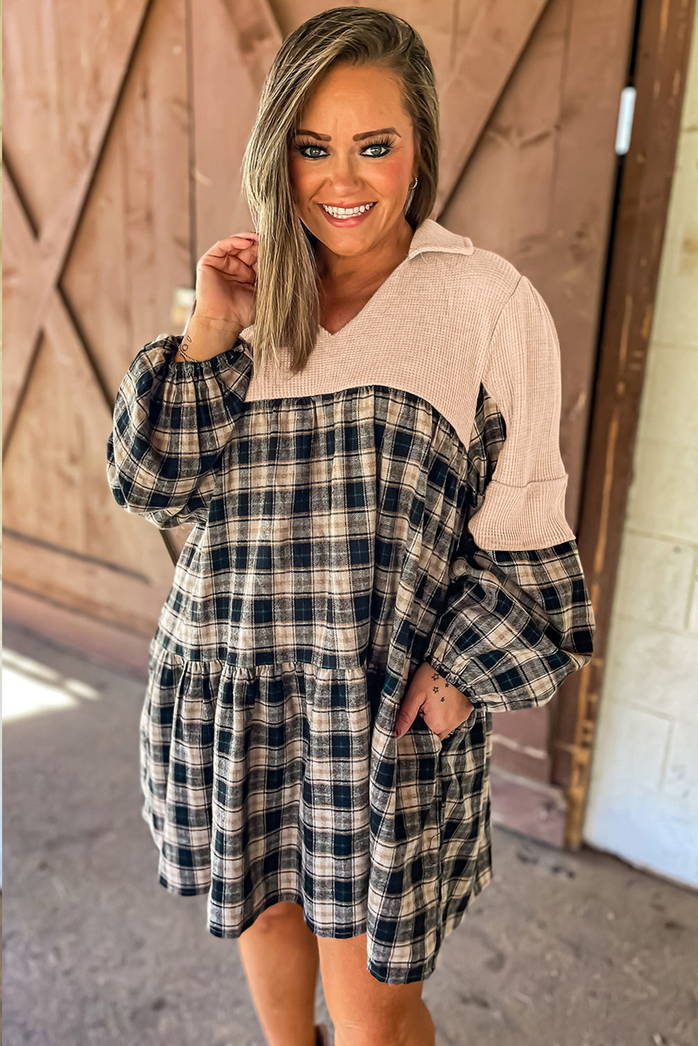 Casual Plus Size Waffle Knit Plaid Mini Dress Plus Size Mini | Chuzko.com