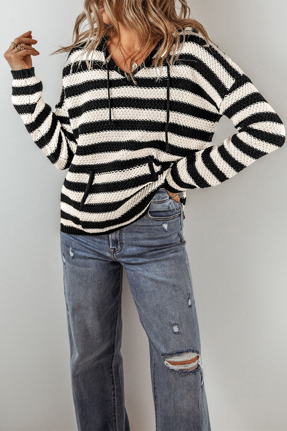 Stripe Hooded Knit Sweater Pocketed Jumper Sweaters | Chuzko.com