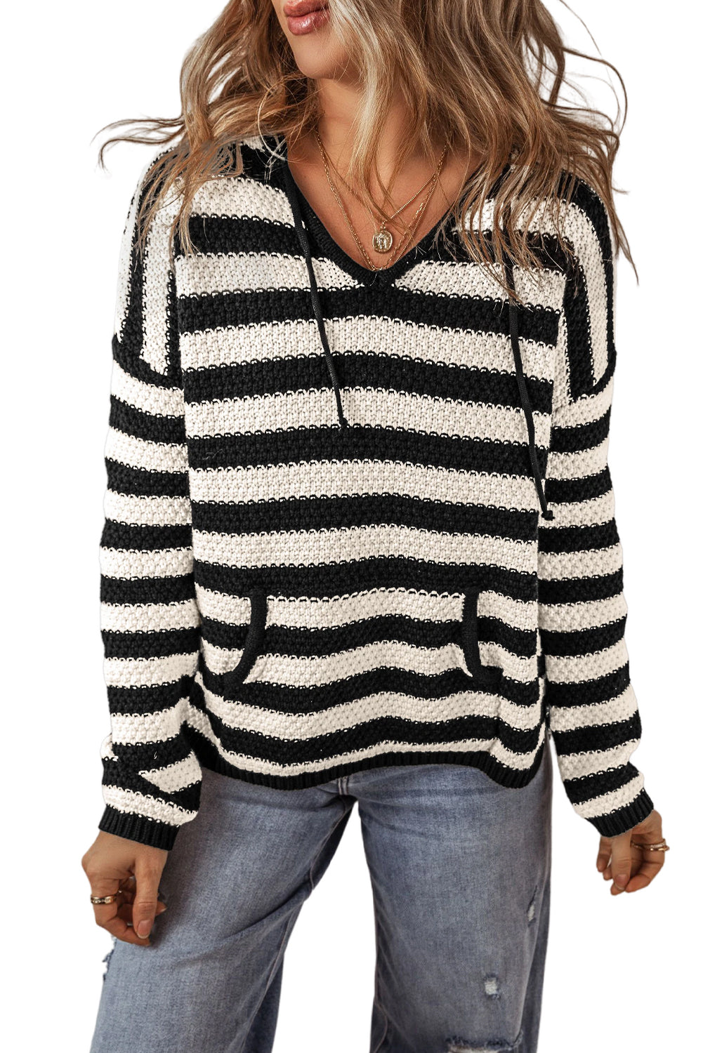 Stripe Hooded Knit Sweater Pocketed Jumper Sweaters | Chuzko.com