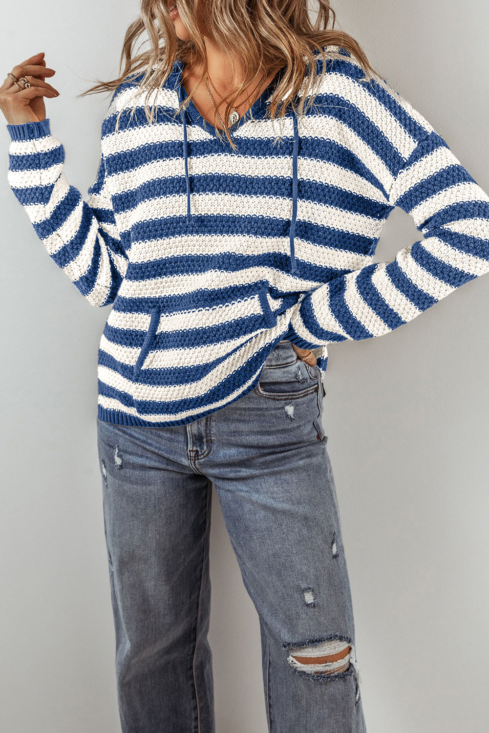 Stripe Hooded Knit Sweater Pocketed Jumper Sweaters | Chuzko.com