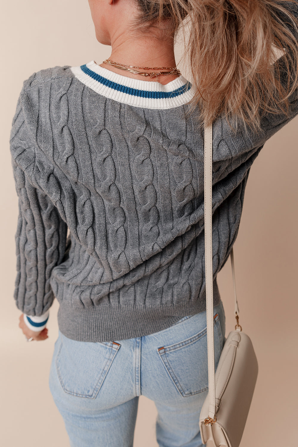 Sporty Striped V-Neck Cable Knit Sweater Classic Jumper Sweaters | Chuzko.com