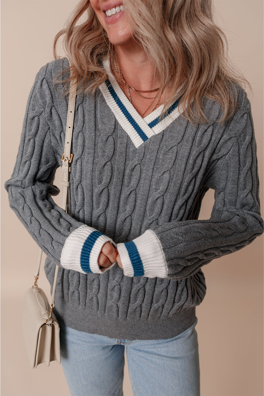 Sporty Striped V-Neck Cable Knit Sweater Classic Jumper Sweaters | Chuzko.com