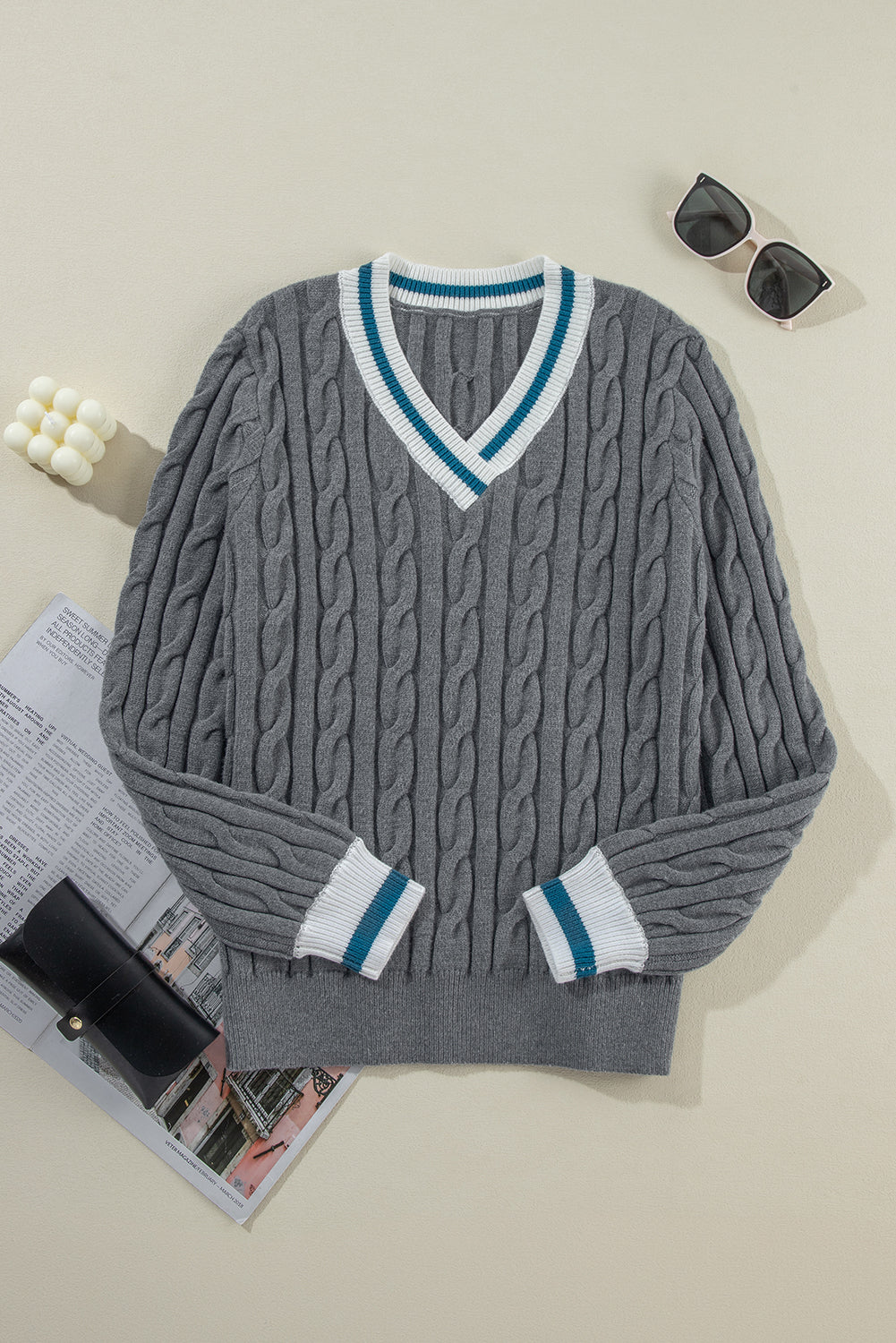 Sporty Striped V-Neck Cable Knit Sweater Classic Jumper Sweaters | Chuzko.com