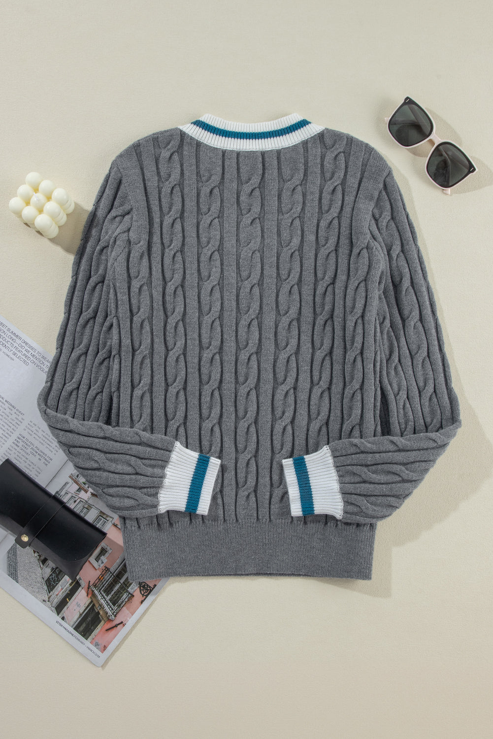 Sporty Striped V-Neck Cable Knit Sweater Classic Jumper Sweaters | Chuzko.com