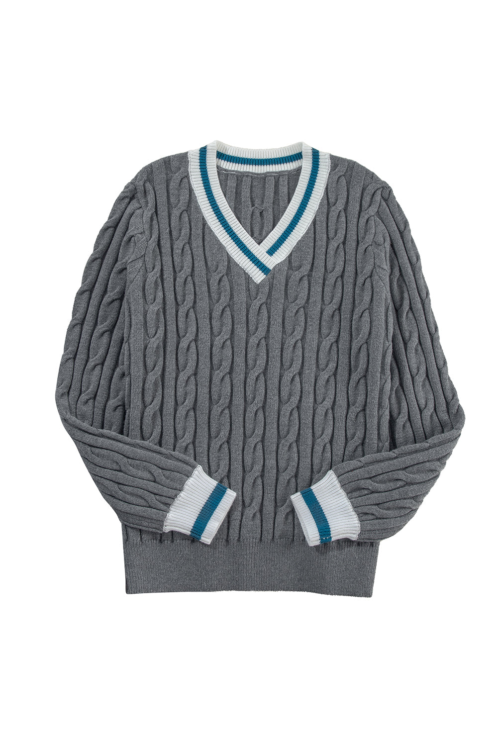 Sporty Striped V-Neck Cable Knit Sweater Classic Jumper Sweaters | Chuzko.com