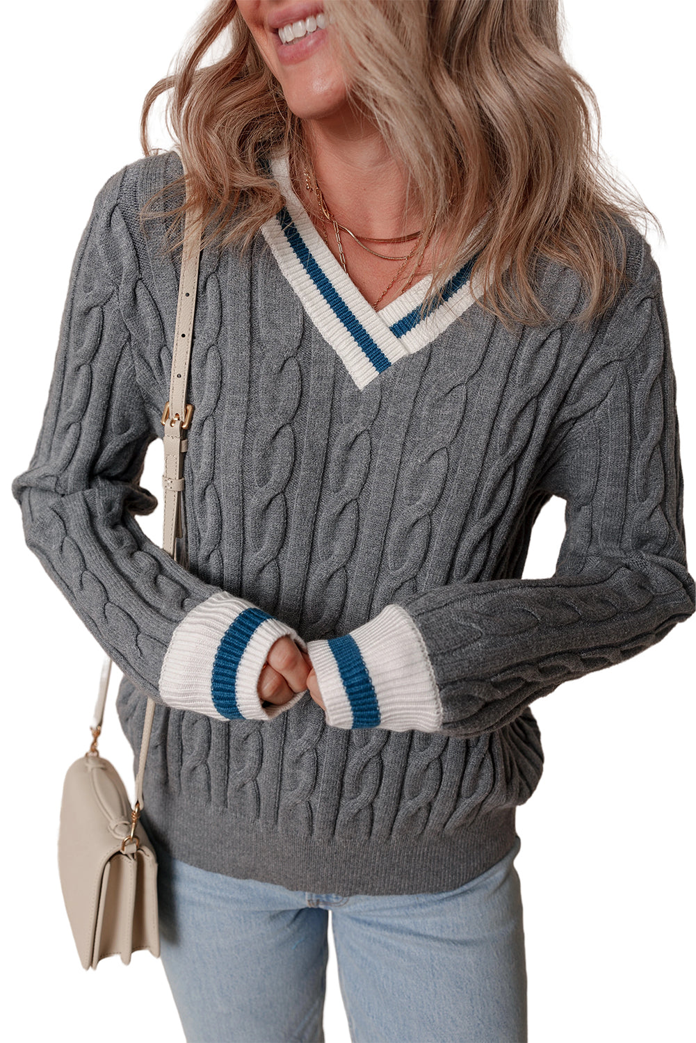 Sporty Striped V-Neck Cable Knit Sweater Classic Jumper Sweaters | Chuzko.com