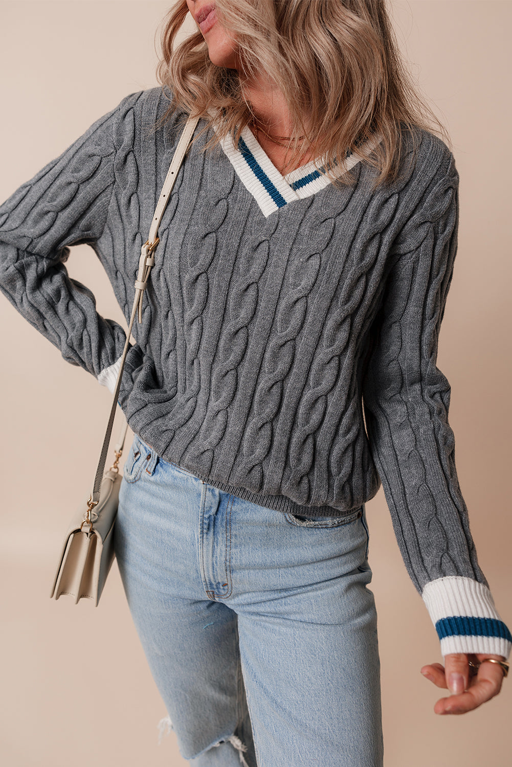 Sporty Striped V-Neck Cable Knit Sweater Classic Jumper Sweaters | Chuzko.com