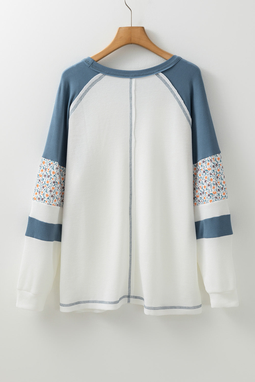 Casual Floral Sleeve Patchwork Pullover Waffle Knit Raglan Top | Chuzko.com