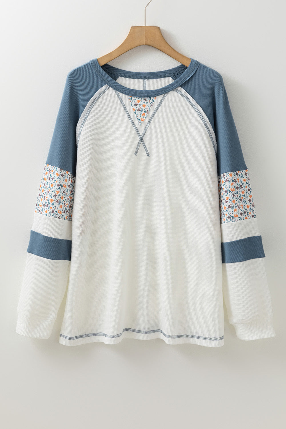 Casual Floral Sleeve Patchwork Pullover Waffle Knit Raglan Top | Chuzko.com