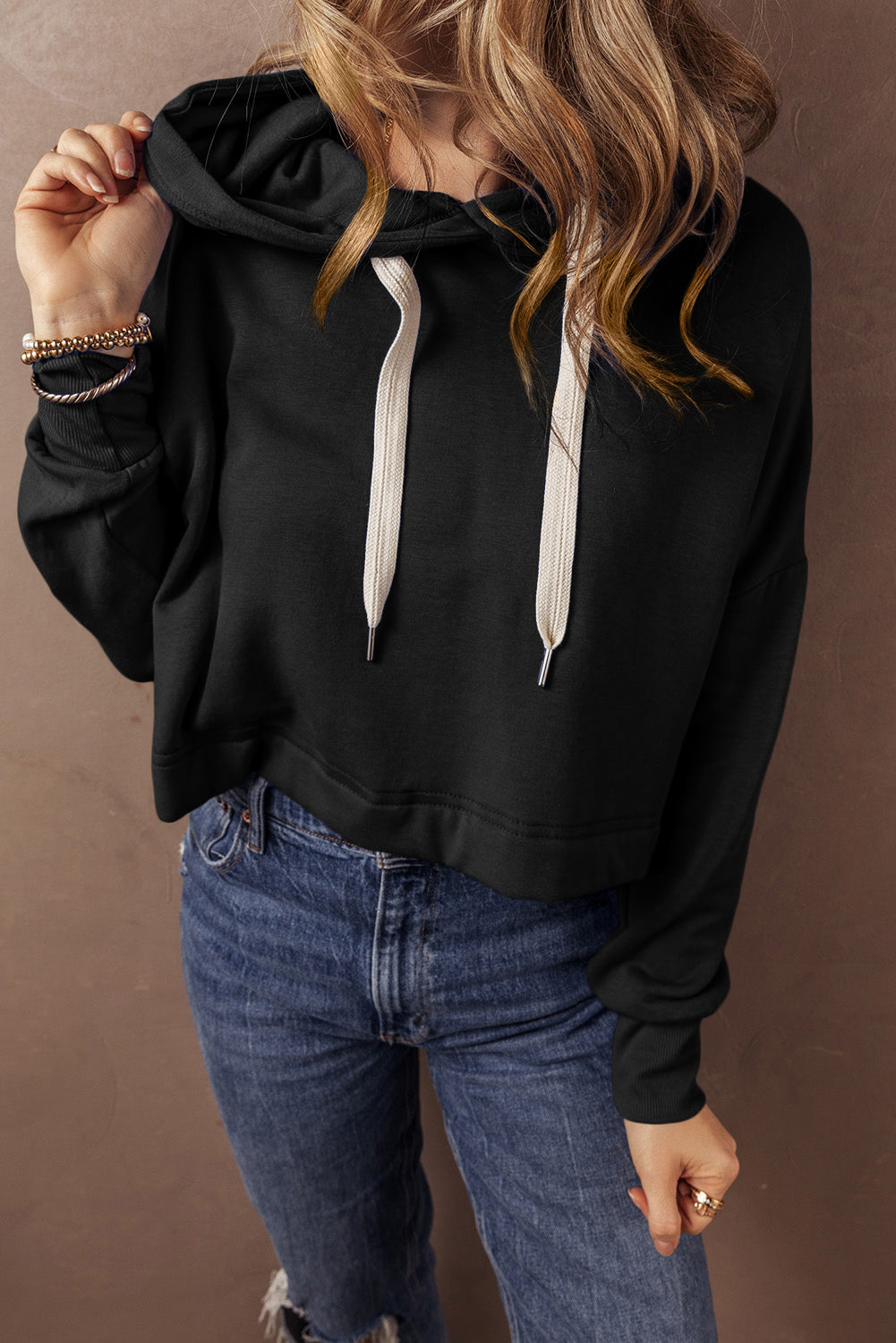 Cropped Hoodie with Drawstring Style Sweatshirts & Hoodies | Chuzko.com