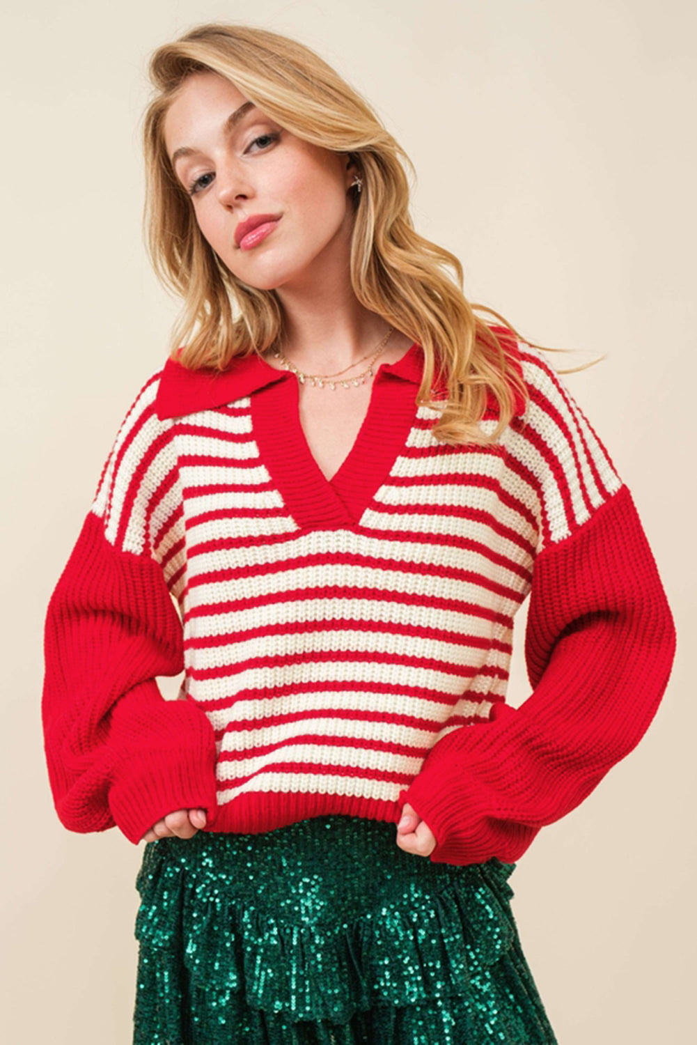 Striped V-Neck Lantern Sleeve Sweater Festive Jumper Sweaters | Chuzko.com