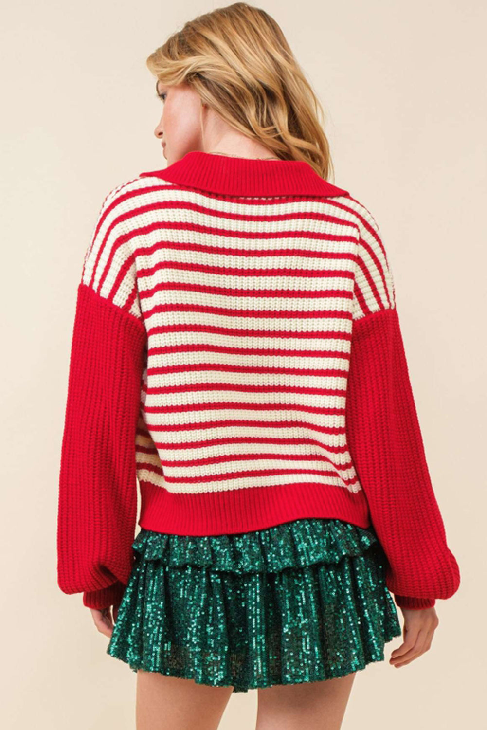 Striped V-Neck Lantern Sleeve Sweater Festive Jumper Sweaters | Chuzko.com