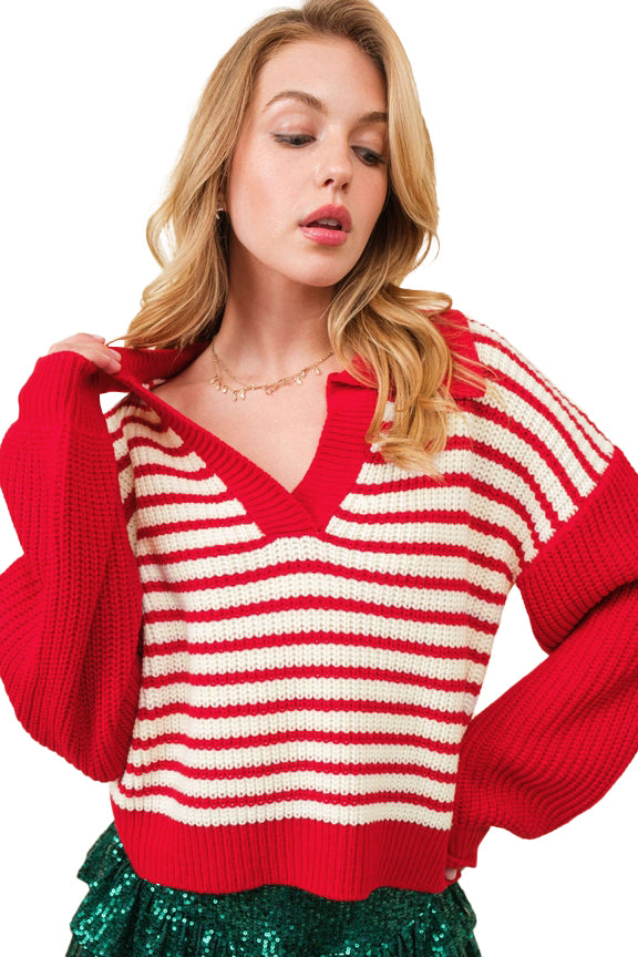 Striped V-Neck Lantern Sleeve Sweater Festive Jumper Sweaters | Chuzko.com