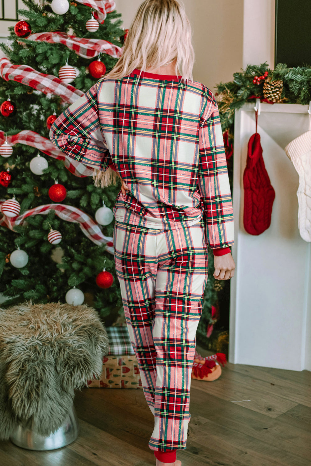 Festive Plaid Christmas Pajama Set Holiday Lounge Pants and Top | Chuzko.com