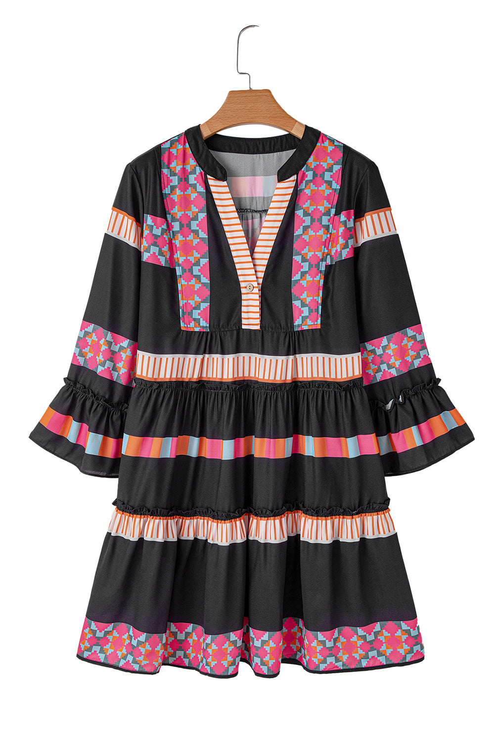 Fall Taupe Boho Ethnic Print V-Neck Ruffle Dress Mini Dresses | Chuzko.com