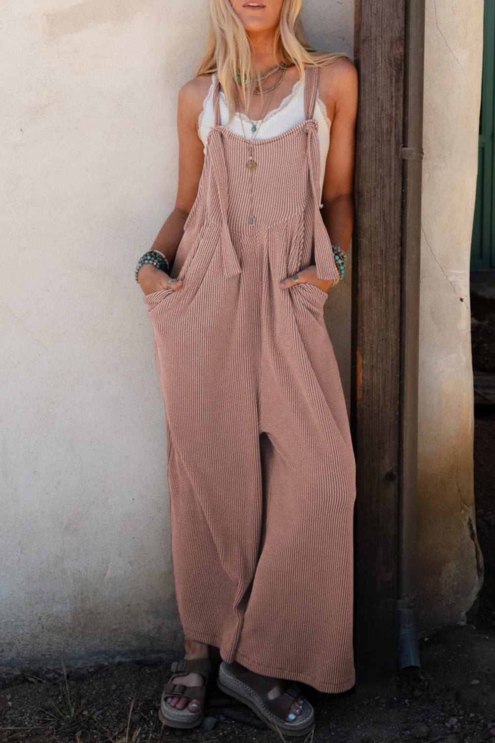 Trendy Corded Wide-Leg Overalls with Adjustable Straps	