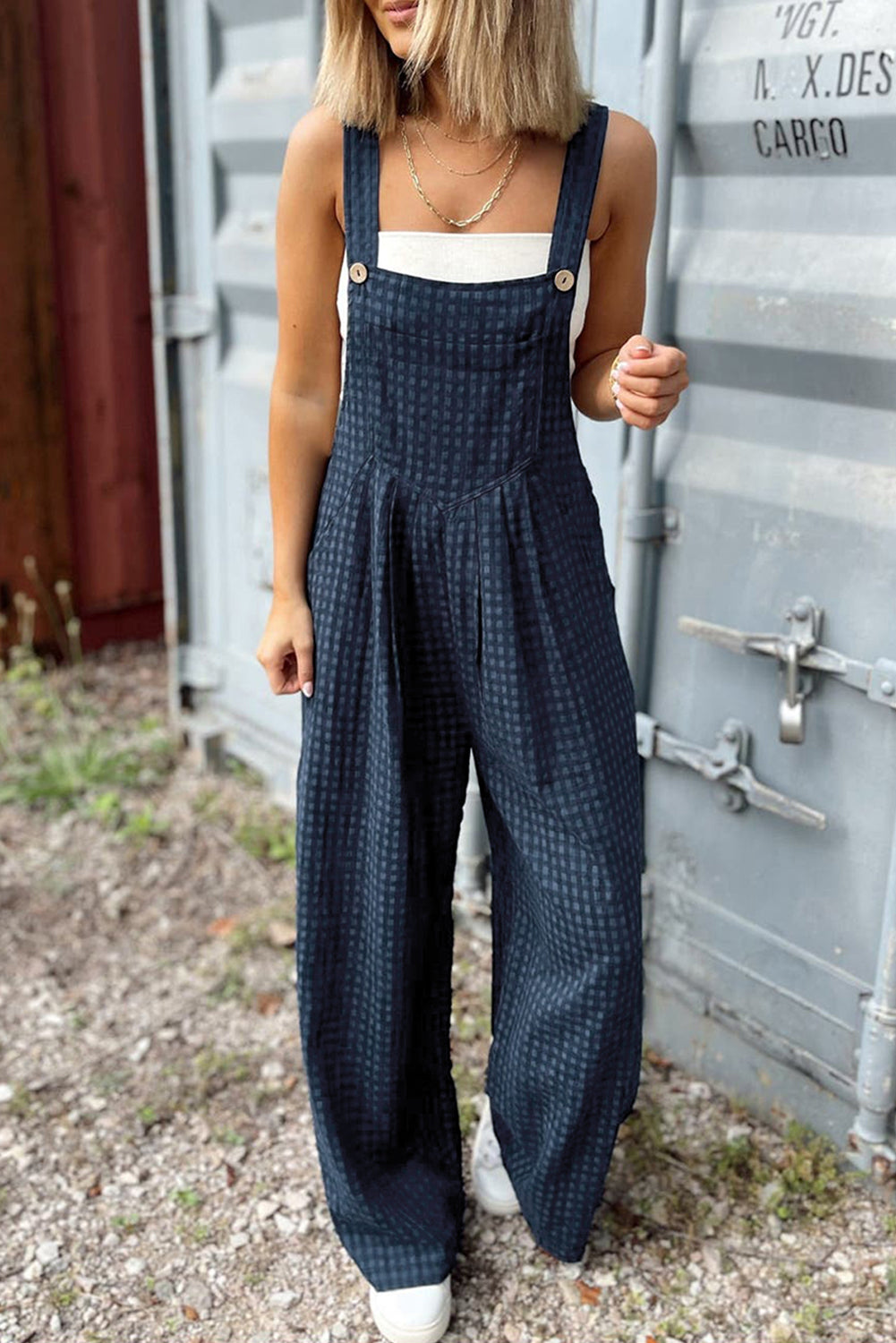 Trendy Plaid Cotton Overalls – Stylish Wide-Leg Bib Pants	