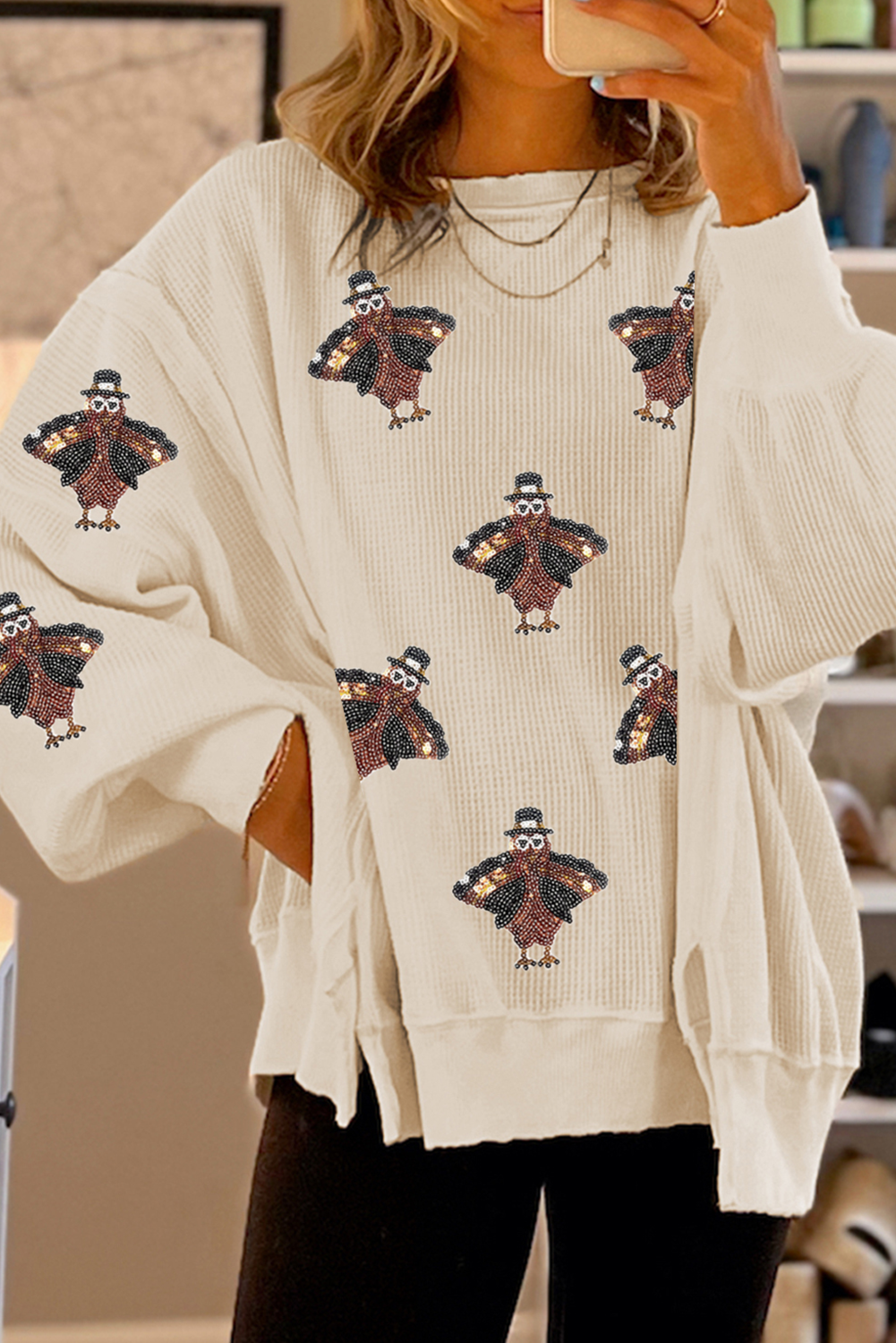 Festive Turkey Knit Pullover Thanksgiving Oversized Waffle Top	