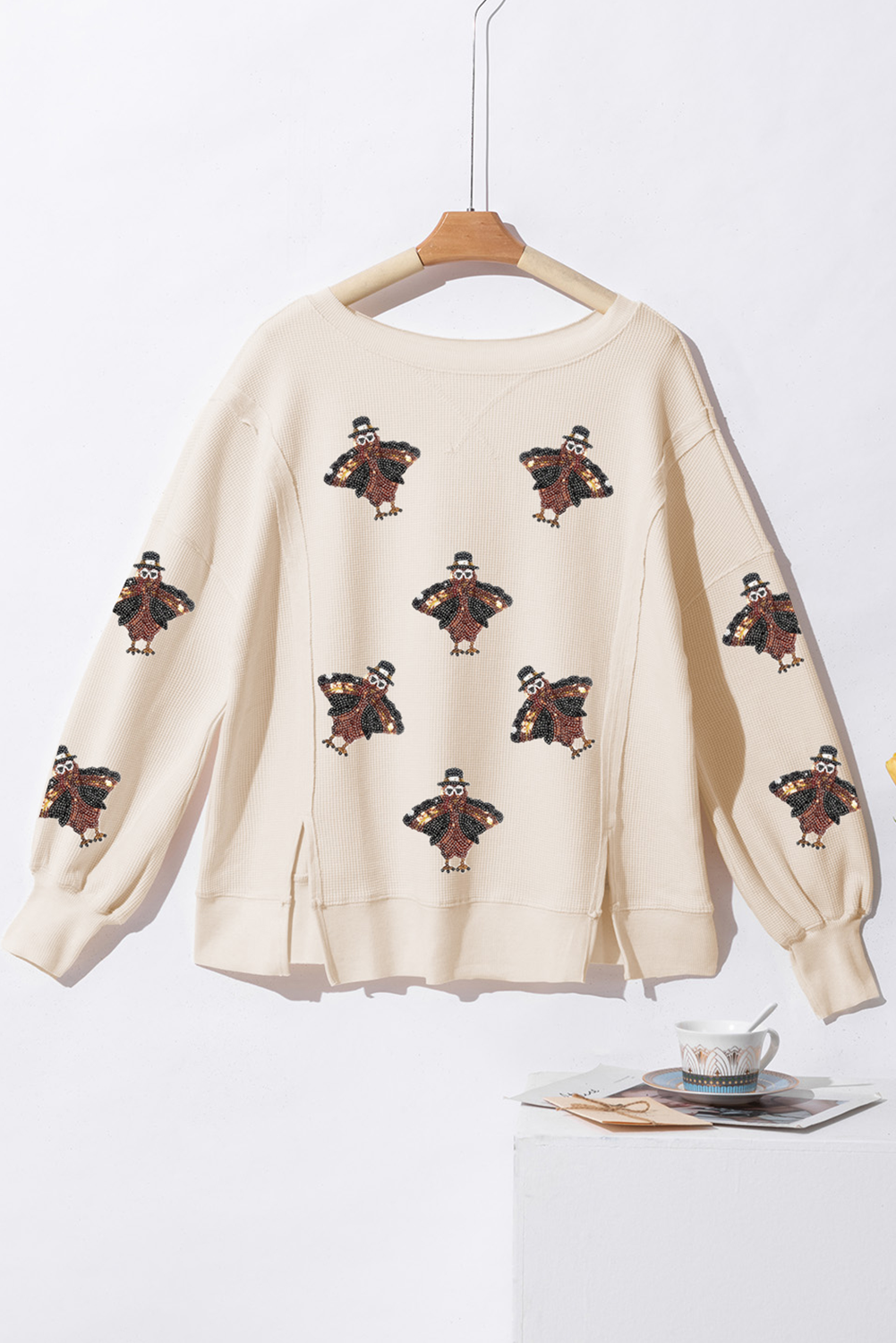 Festive Turkey Knit Pullover Thanksgiving Oversized Waffle Top | Chuzko.com