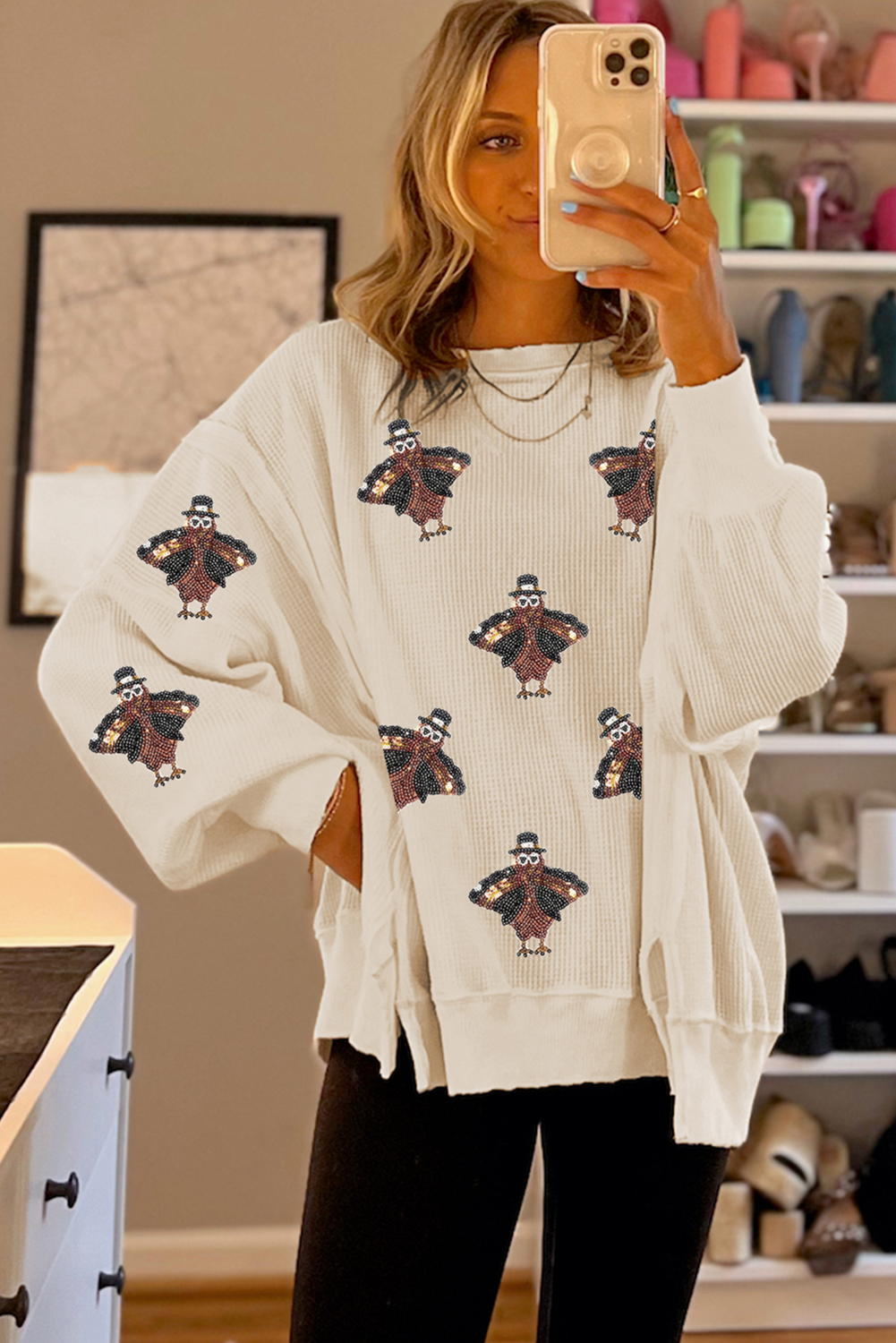 Festive Turkey Knit Pullover Thanksgiving Oversized Waffle Top | Chuzko.com