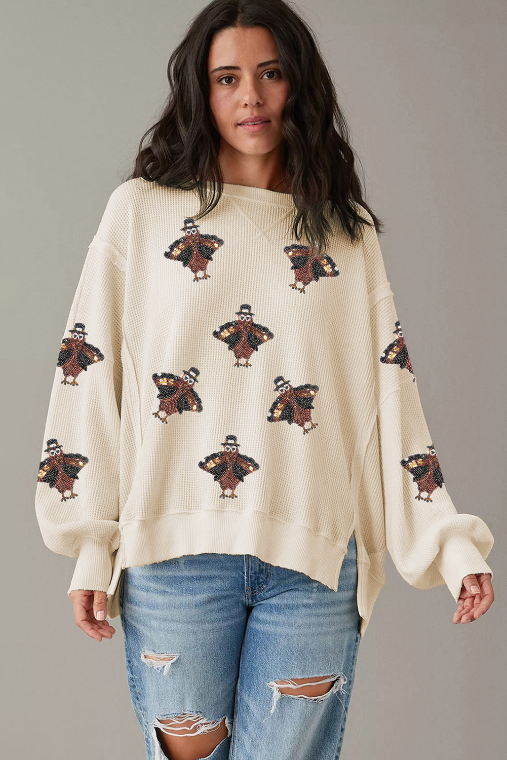 Festive Turkey Knit Pullover Thanksgiving Oversized Waffle Top | Chuzko.com