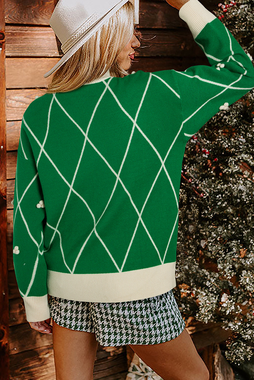 Festive Diamond Pattern Knit Sweater with Pom Accents Sweaters | Chuzko.com