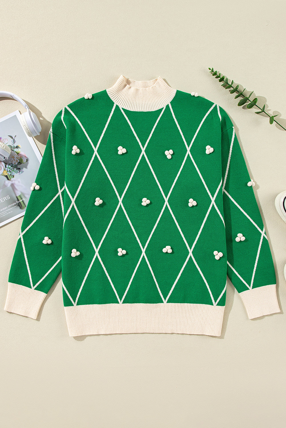 Festive Diamond Pattern Knit Sweater with Pom Accents Sweaters | Chuzko.com