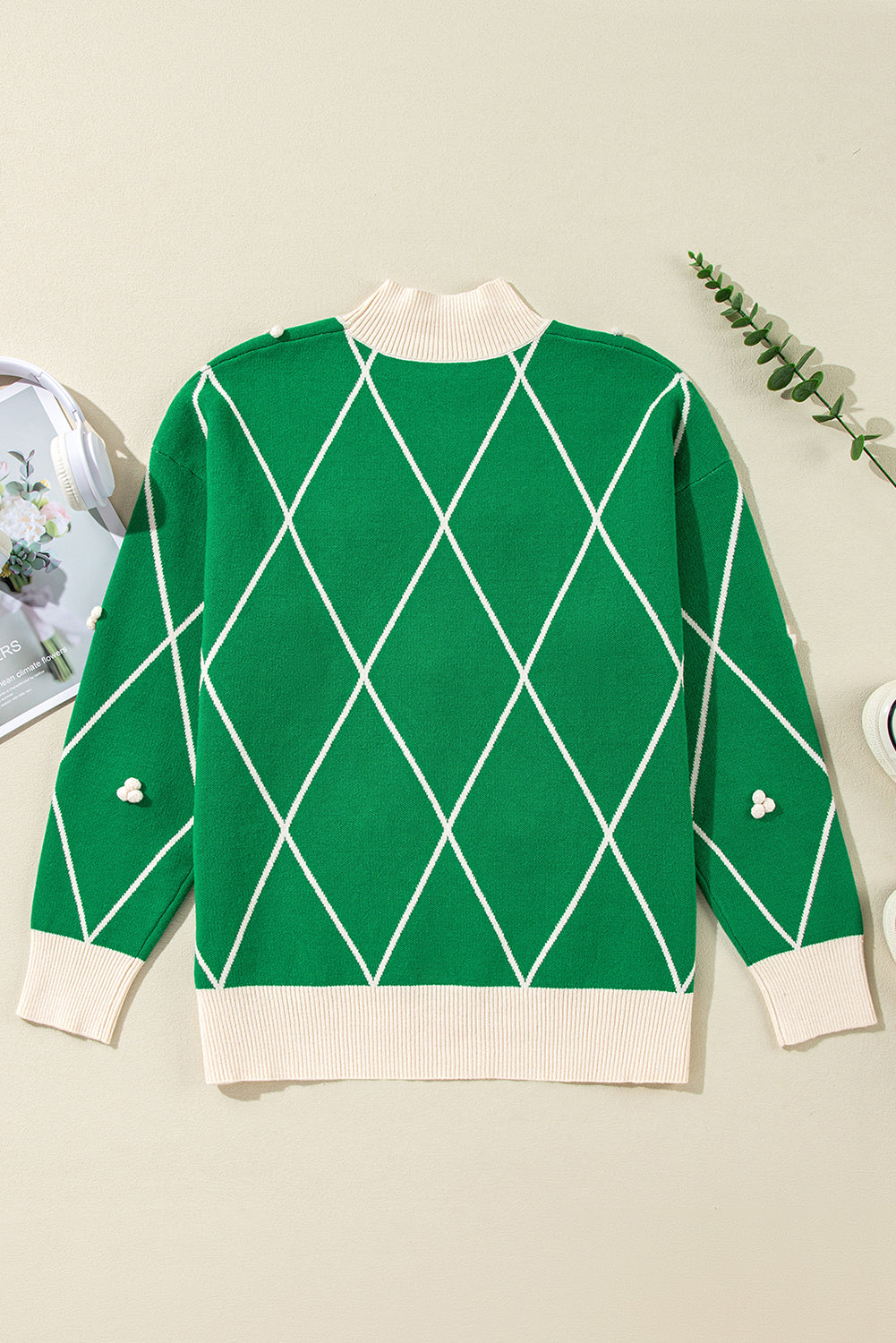 Festive Diamond Pattern Knit Sweater with Pom Accents Sweaters | Chuzko.com