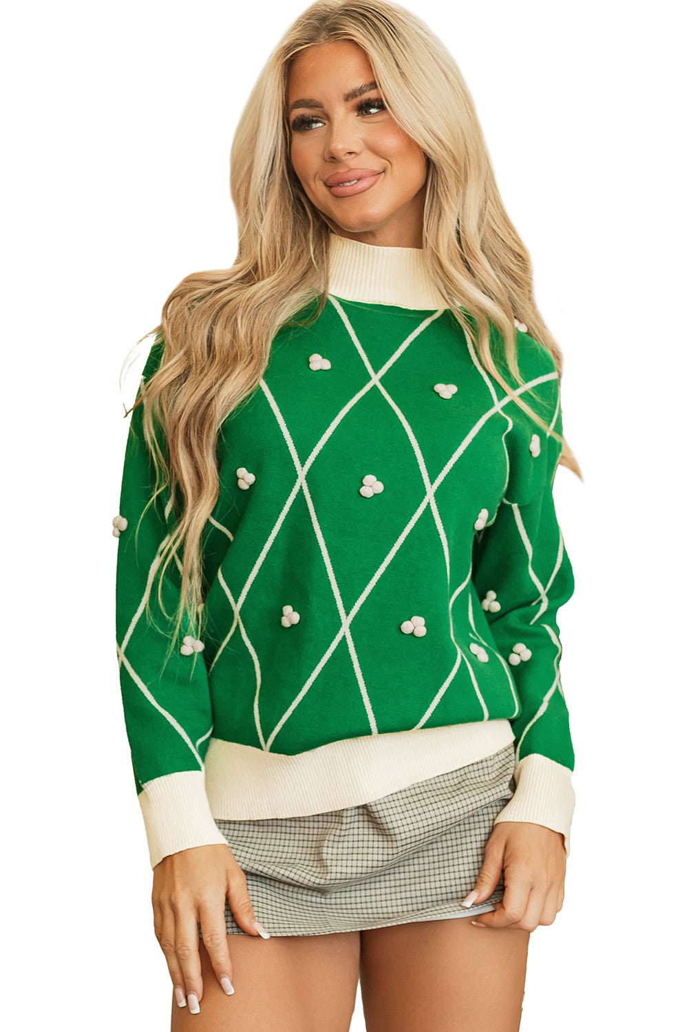 Festive Diamond Pattern Knit Sweater with Pom Accents Sweaters | Chuzko.com