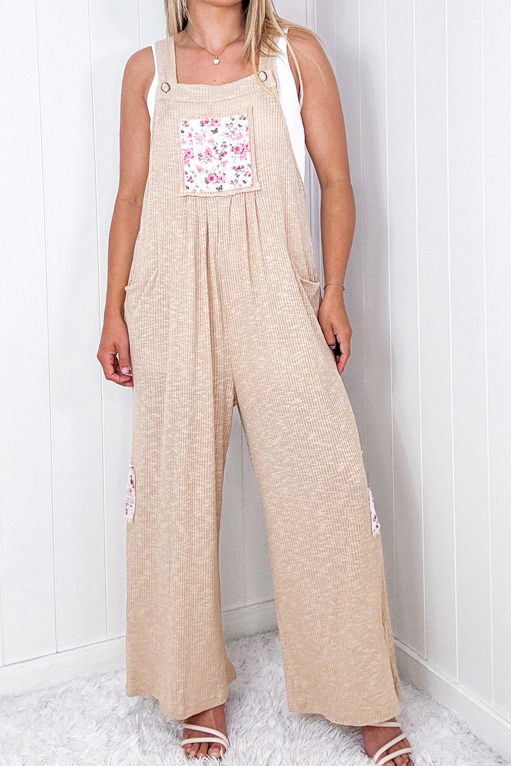 Floral Patchwork Bib Jumpsuit: Wide-Leg Chic Overalls	