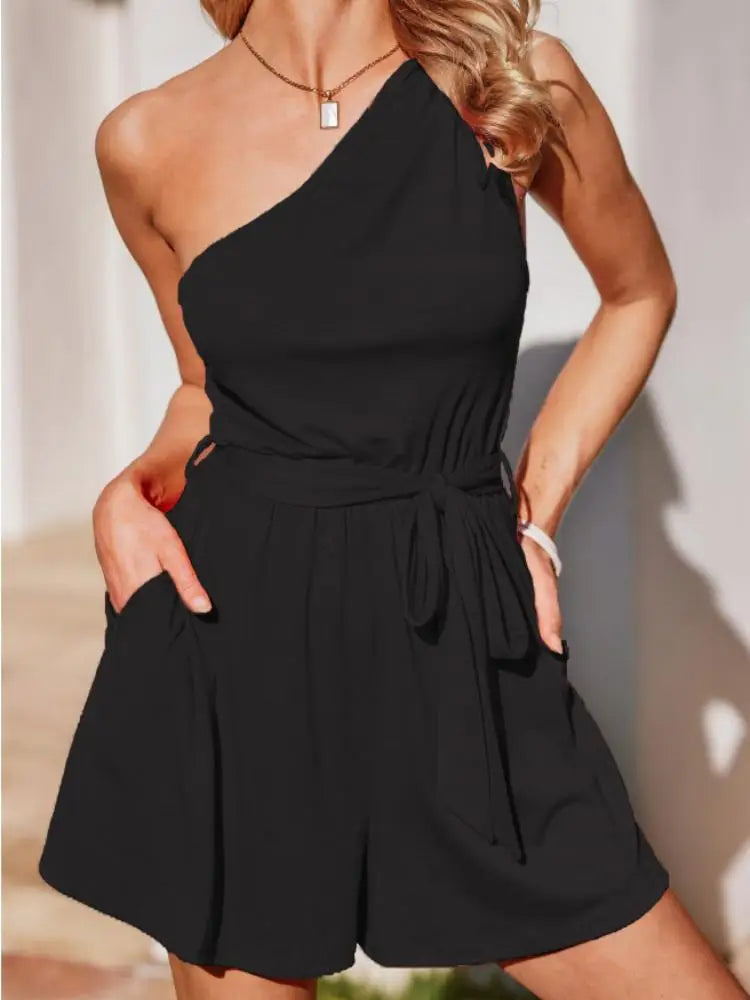 One-Shoulder Belted Romper Asymmetric Playsuit Rompers | Chuzko.com