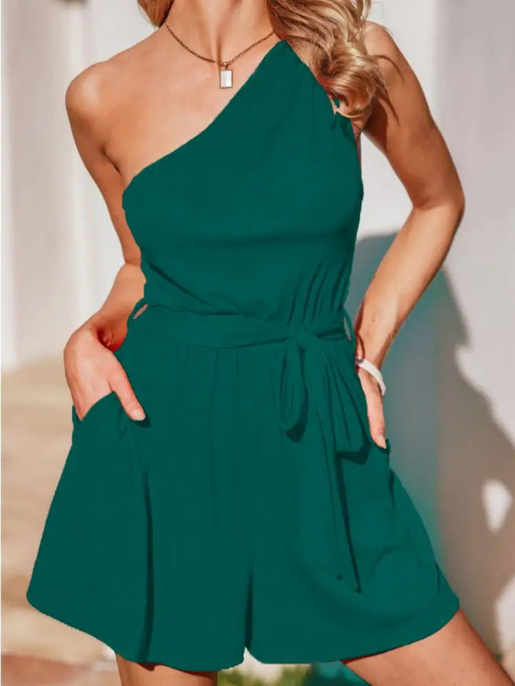 One-Shoulder Belted Romper Asymmetric Playsuit Rompers | Chuzko.com