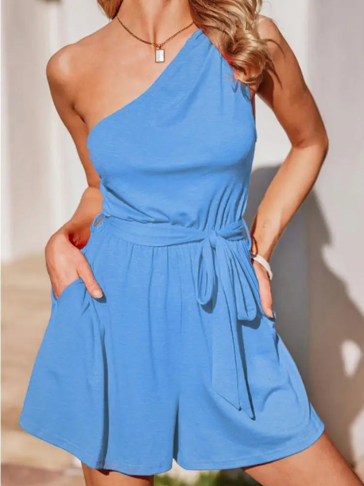 One-Shoulder Belted Romper Asymmetric Playsuit Rompers | Chuzko.com