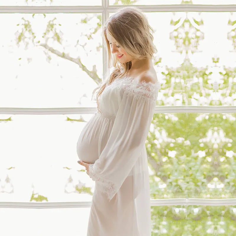 Chiffon Lace Maternity Photoshoot Off Shoulder Pregnancy Dress | Chuzko.com