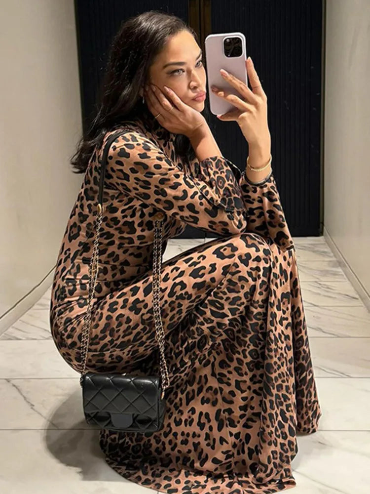 Elegant High Neck Leopard Print Maxi Dress for Women	