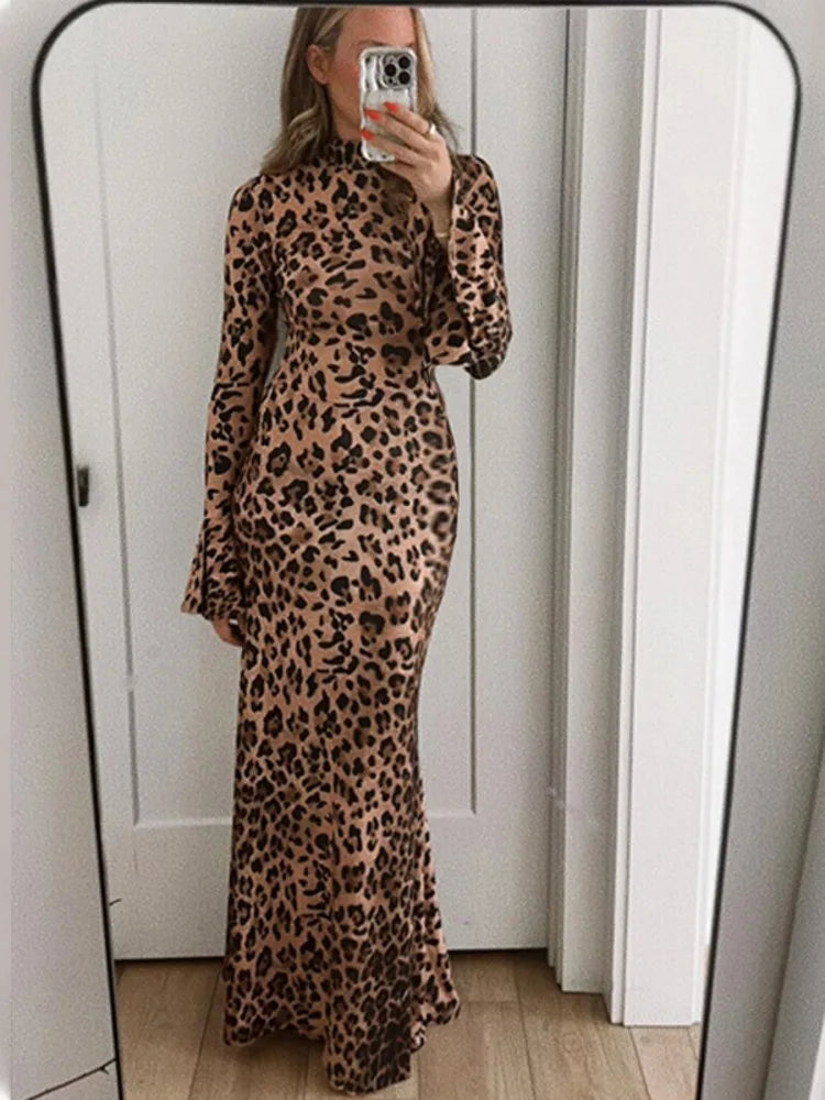 High Neck Leopard Evening Maxi Dress Party Dresses | Chuzko.com