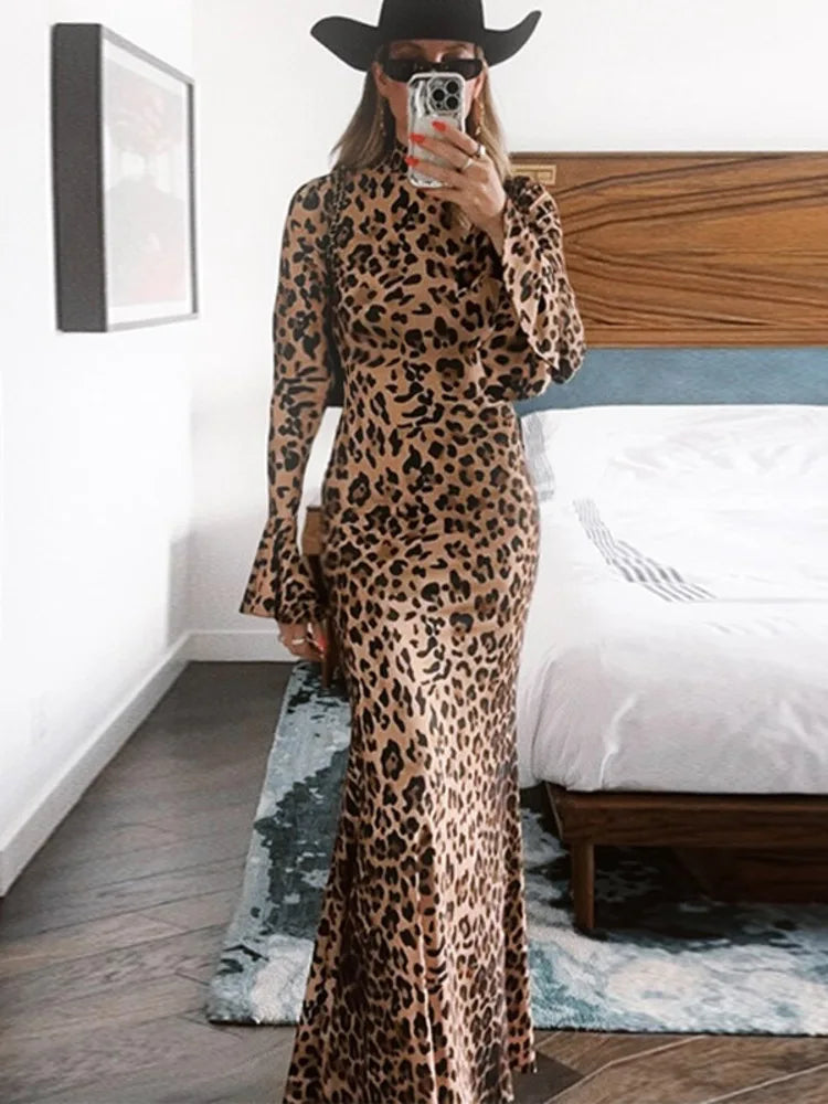 High Neck Leopard Evening Maxi Dress Party Dresses | Chuzko.com