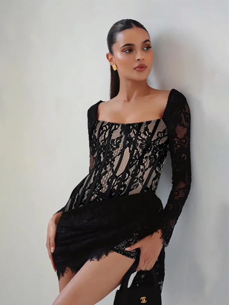 Bachelorette Floral Lace Long Sleeve Tail Dress Party Dresses | Chuzko.com