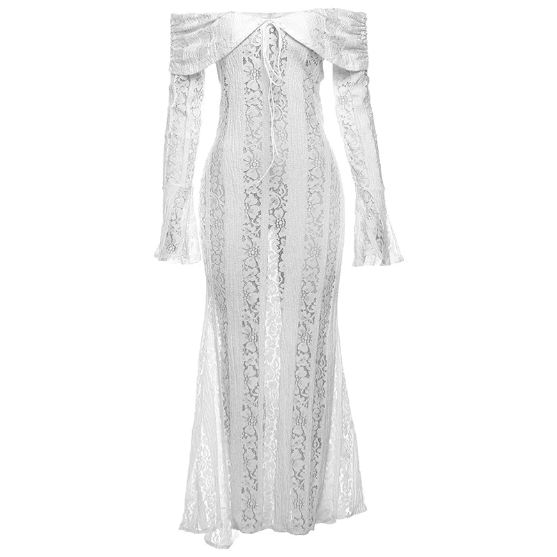 Sheer Lace Off-Shoulder Draped Maxi Dress Vacation Dresses | Chuzko.com