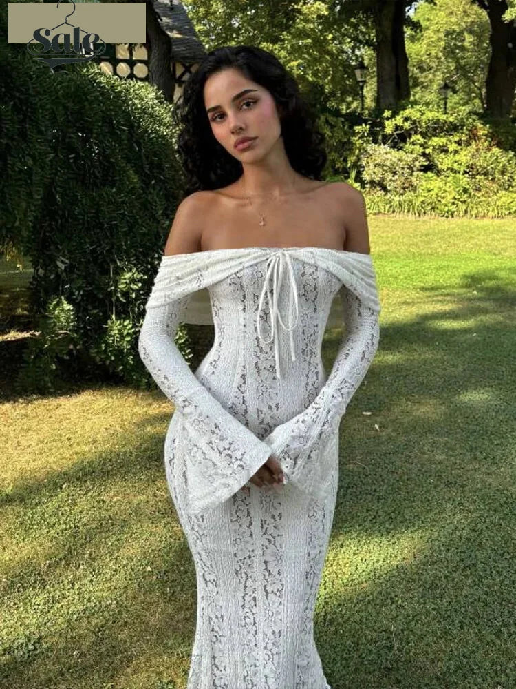 Elegant Sheer Lace Off-Shoulder Maxi Dress for Women	