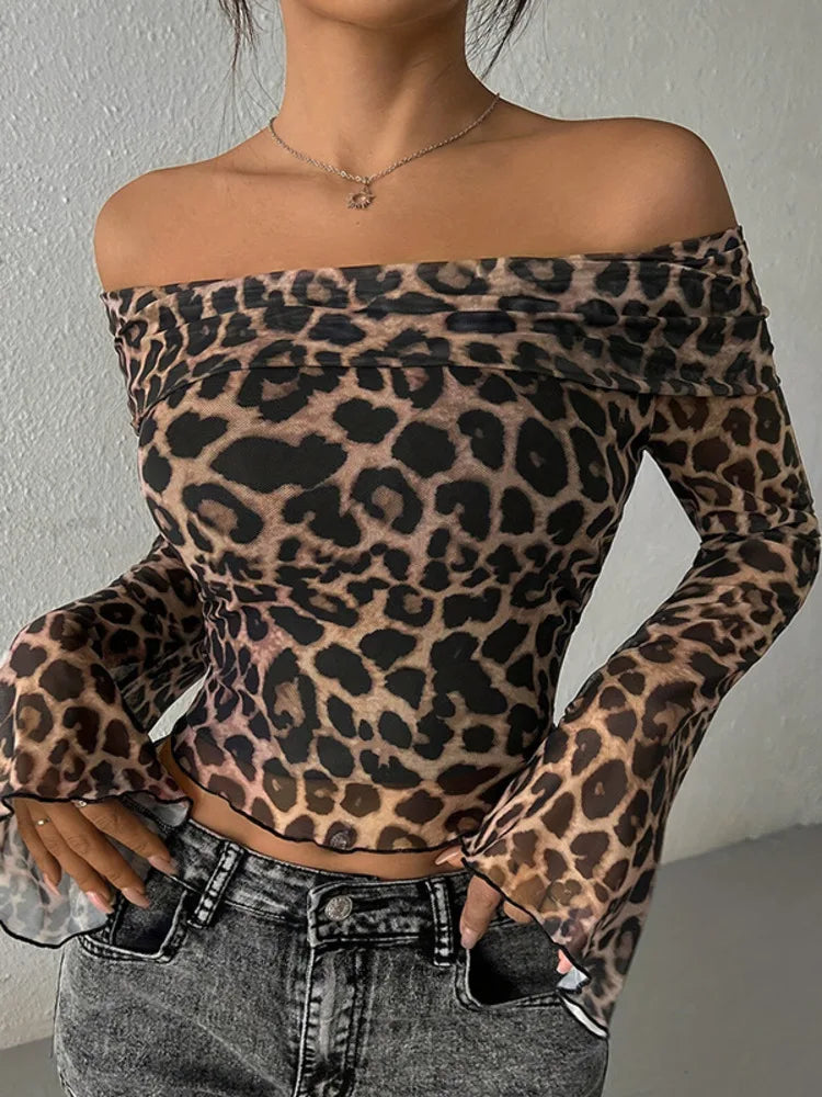 Bold Leopard Print Bardot Crop Top for Trendsetting Women	